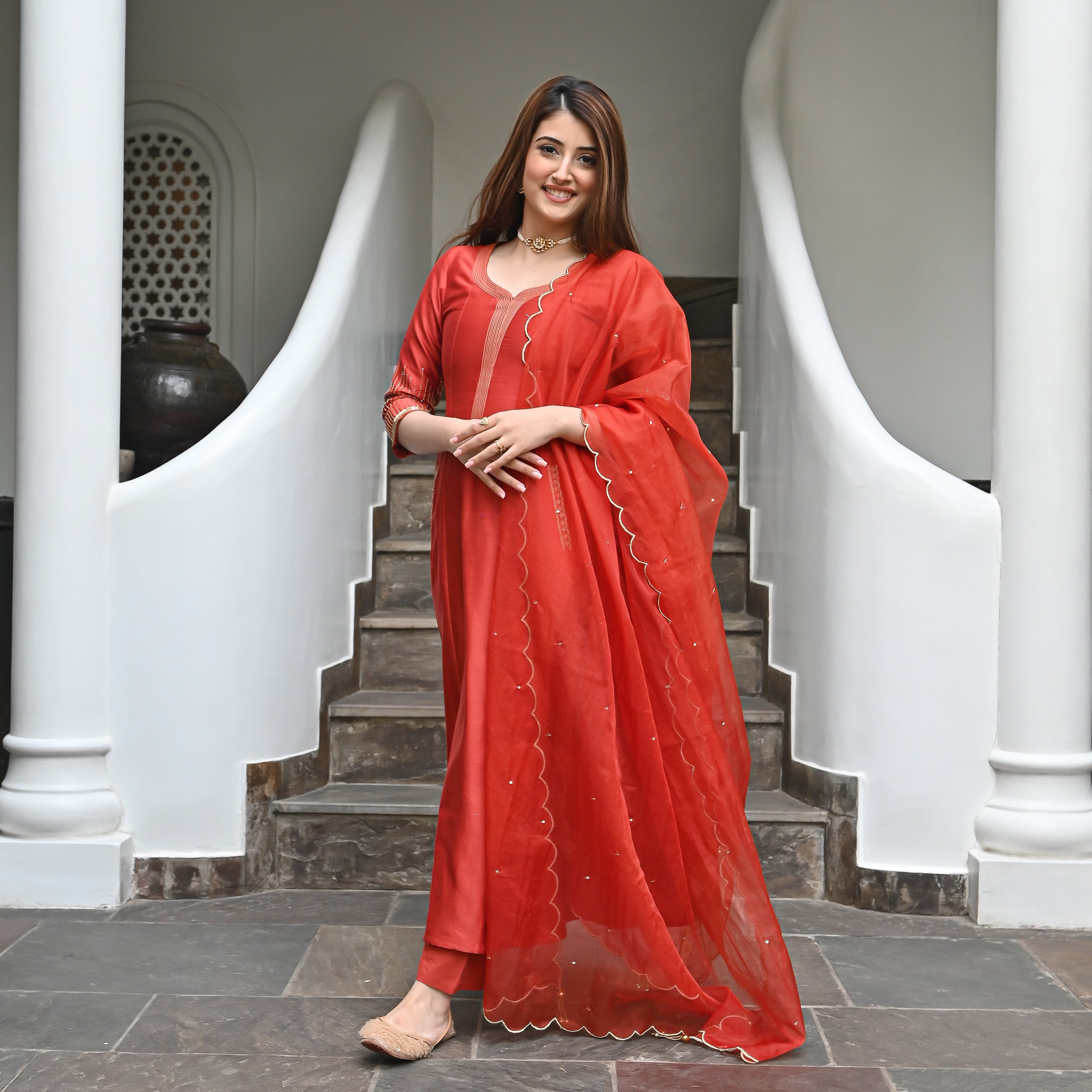 Najat Red Designer Ethnic Wear Chanderi Suit Set For Women Online