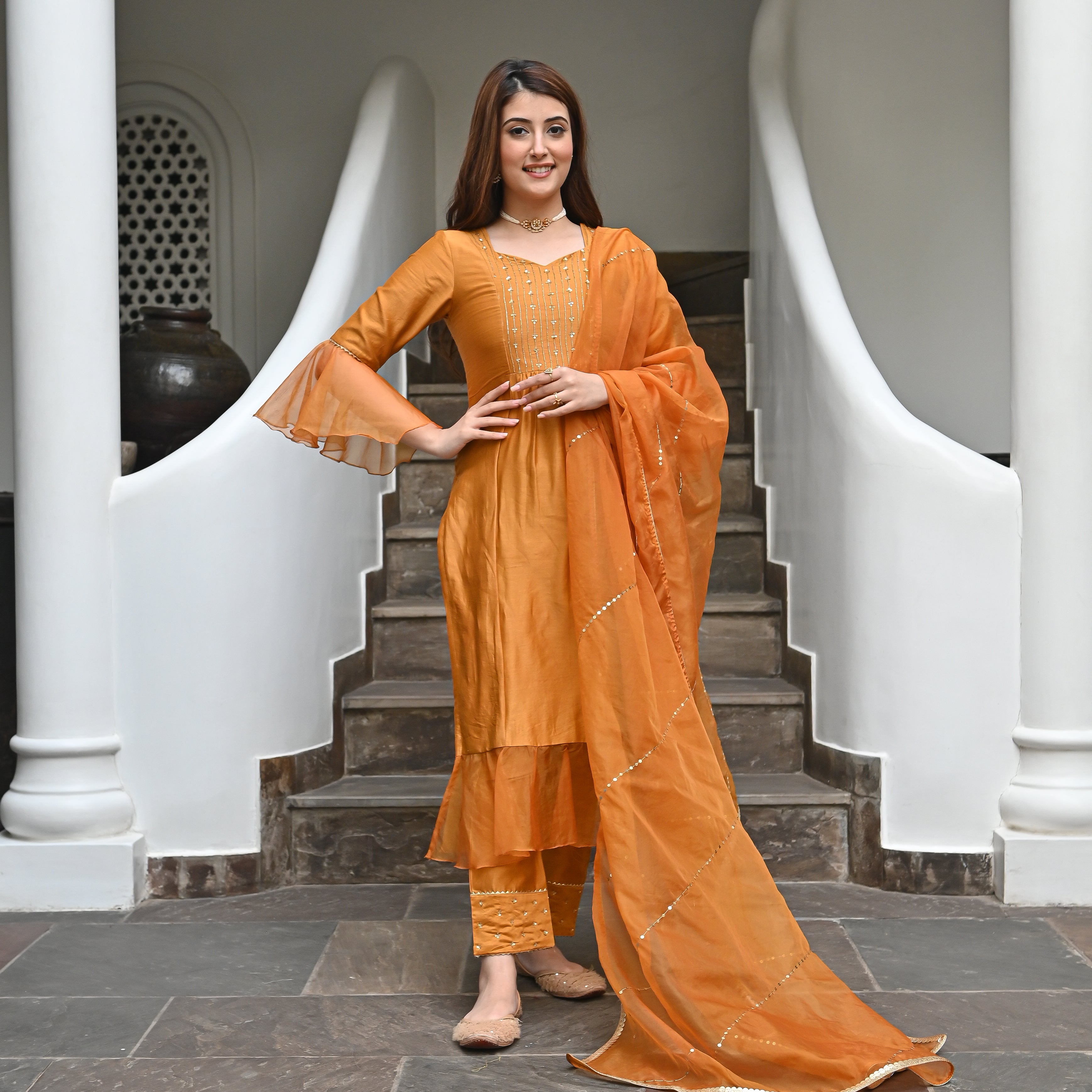 Lina Orange Chanderi Salwar Suit Set For Women Online