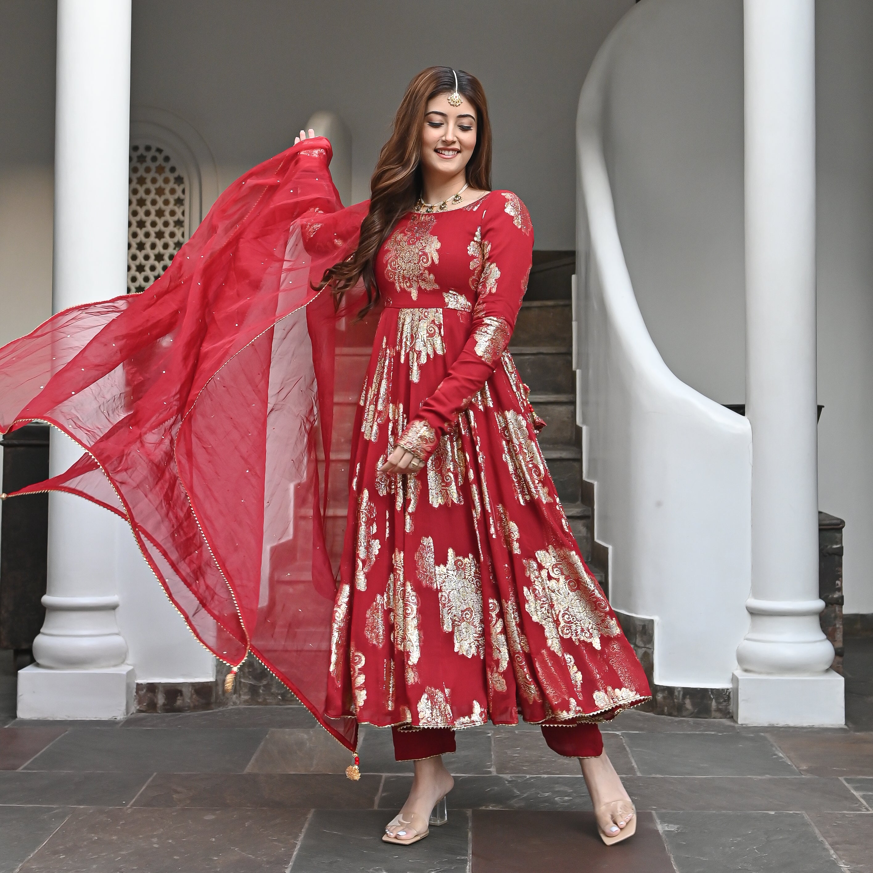 Buy UrbanStree Ikra Red Designer Anarkali Suit Set For Women Online