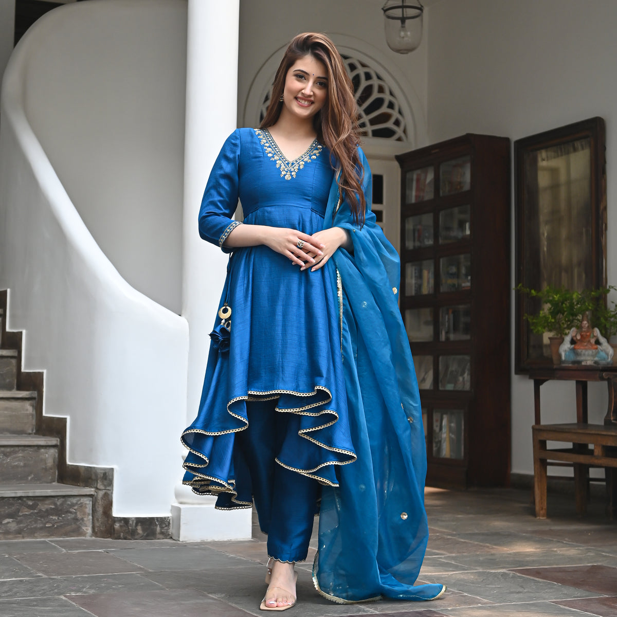 Buy UrbanStree Aram Banu Blue Designer Straight Salwar Suit Set For ...