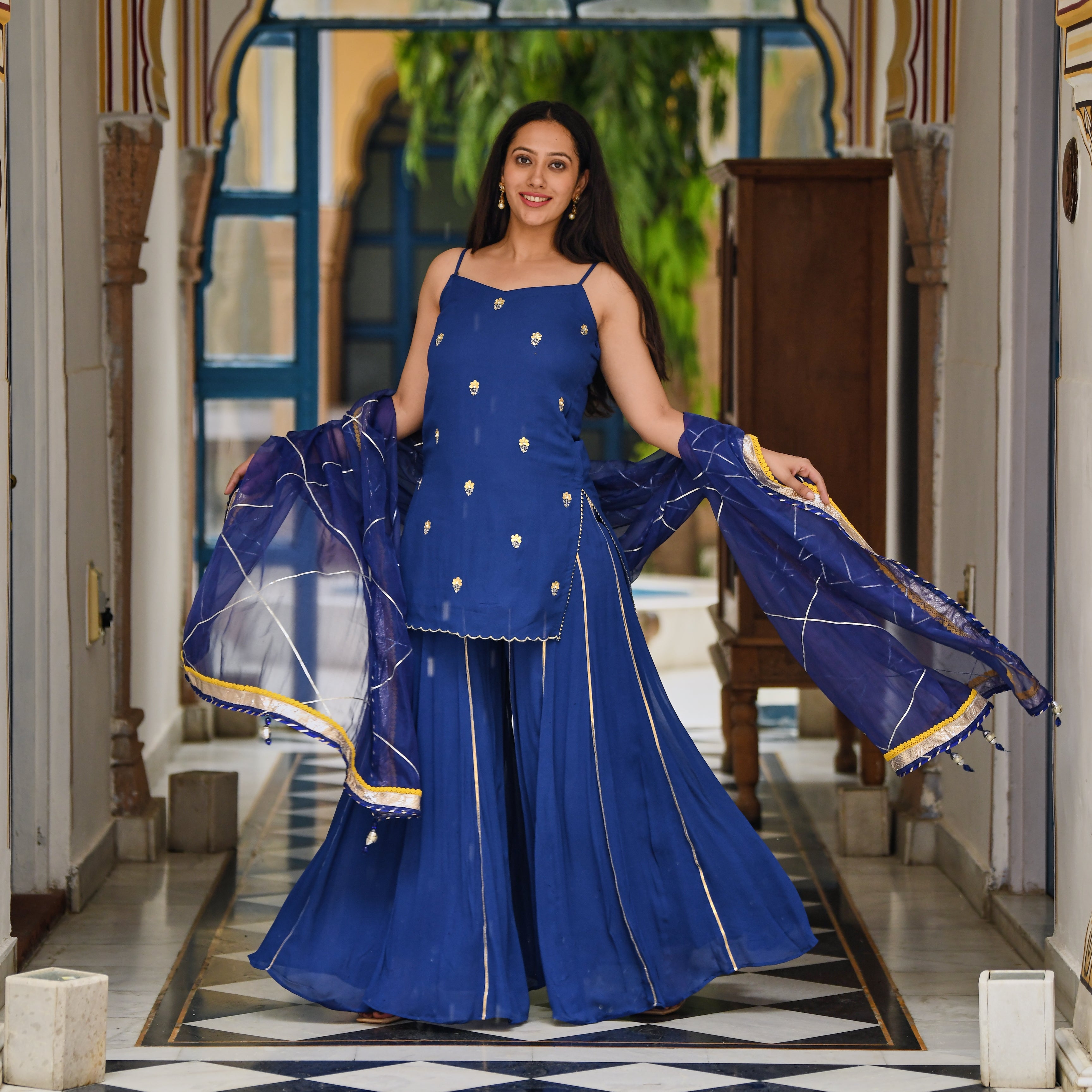 Navy Blue Colored Georgette Designer Sharara Suit - She Needs - The Saree  World