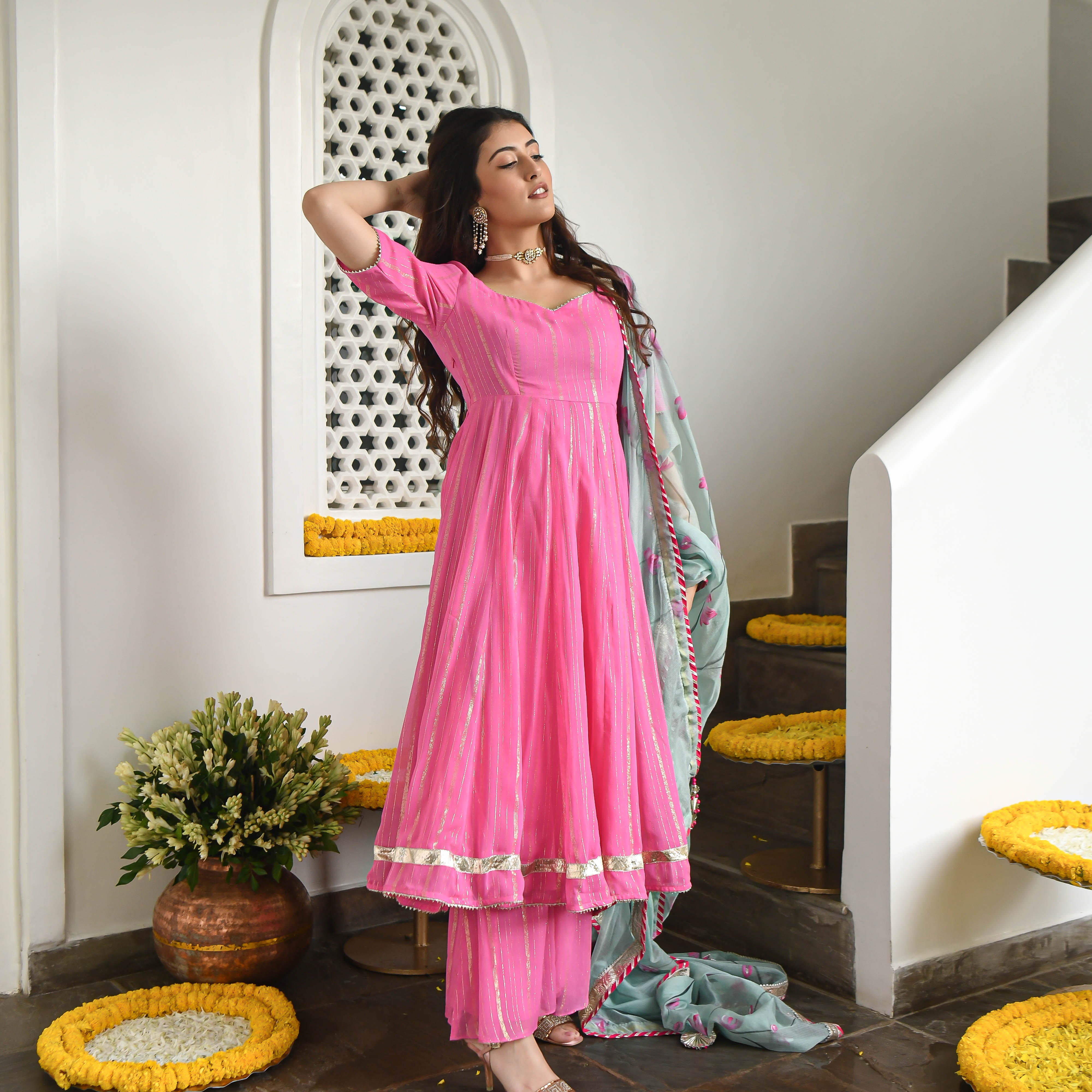  Gulabi Pink Designer Readymade Anarkali Suit Set For Women Online