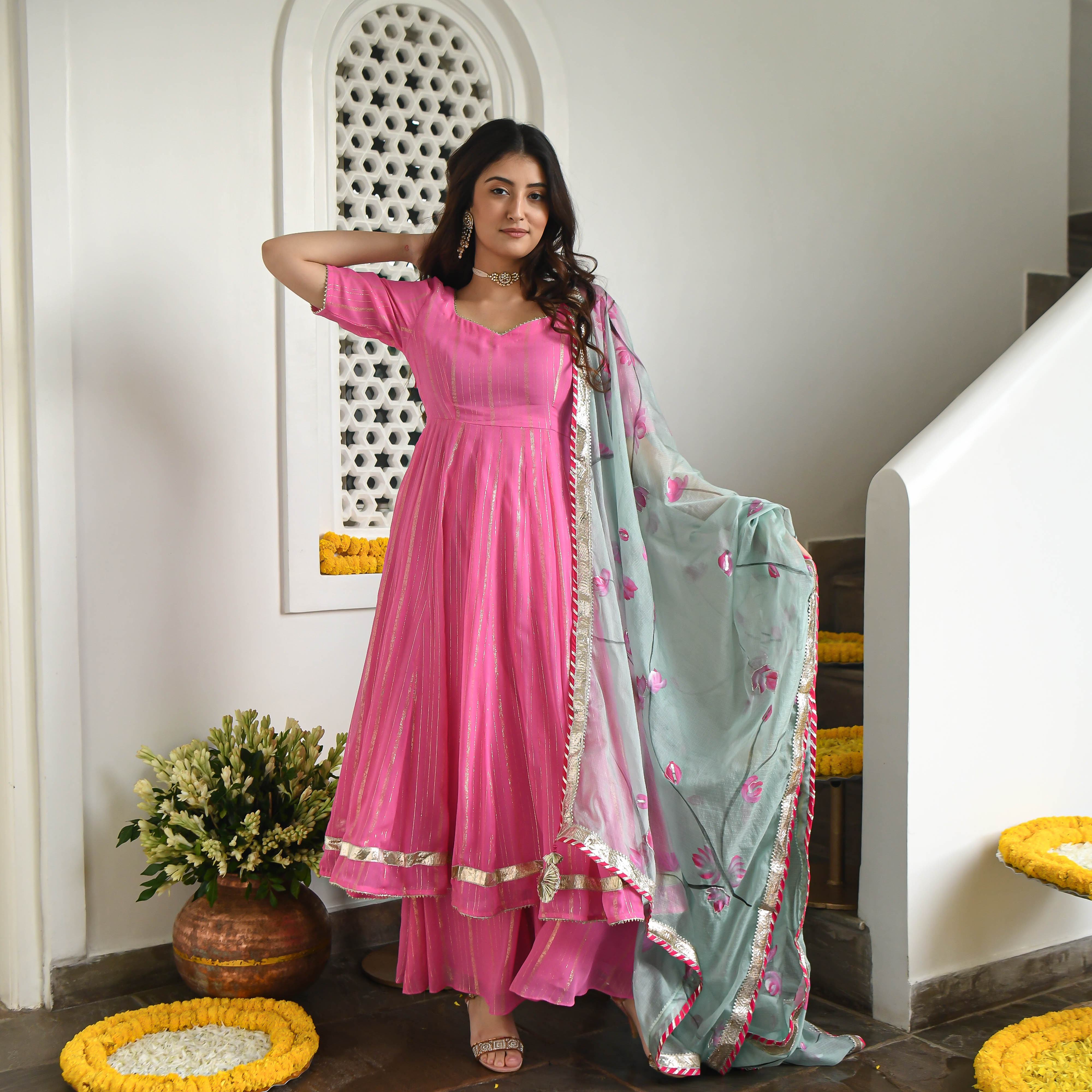 Buy a Pink Georgette Lucknowi Anarkali Dress Online