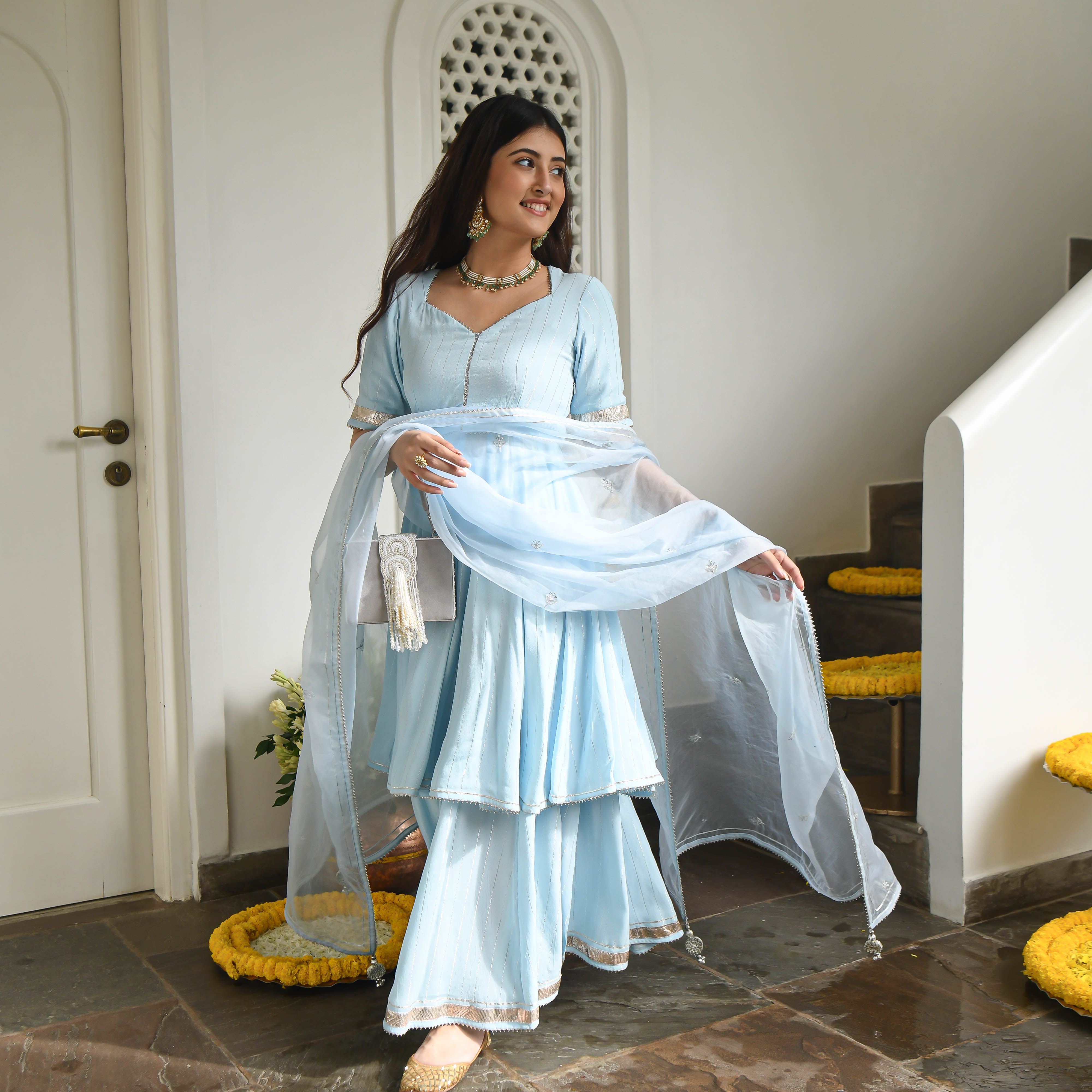  Fatima Blue Designer Sharara Salwar Suit Set For Women Online