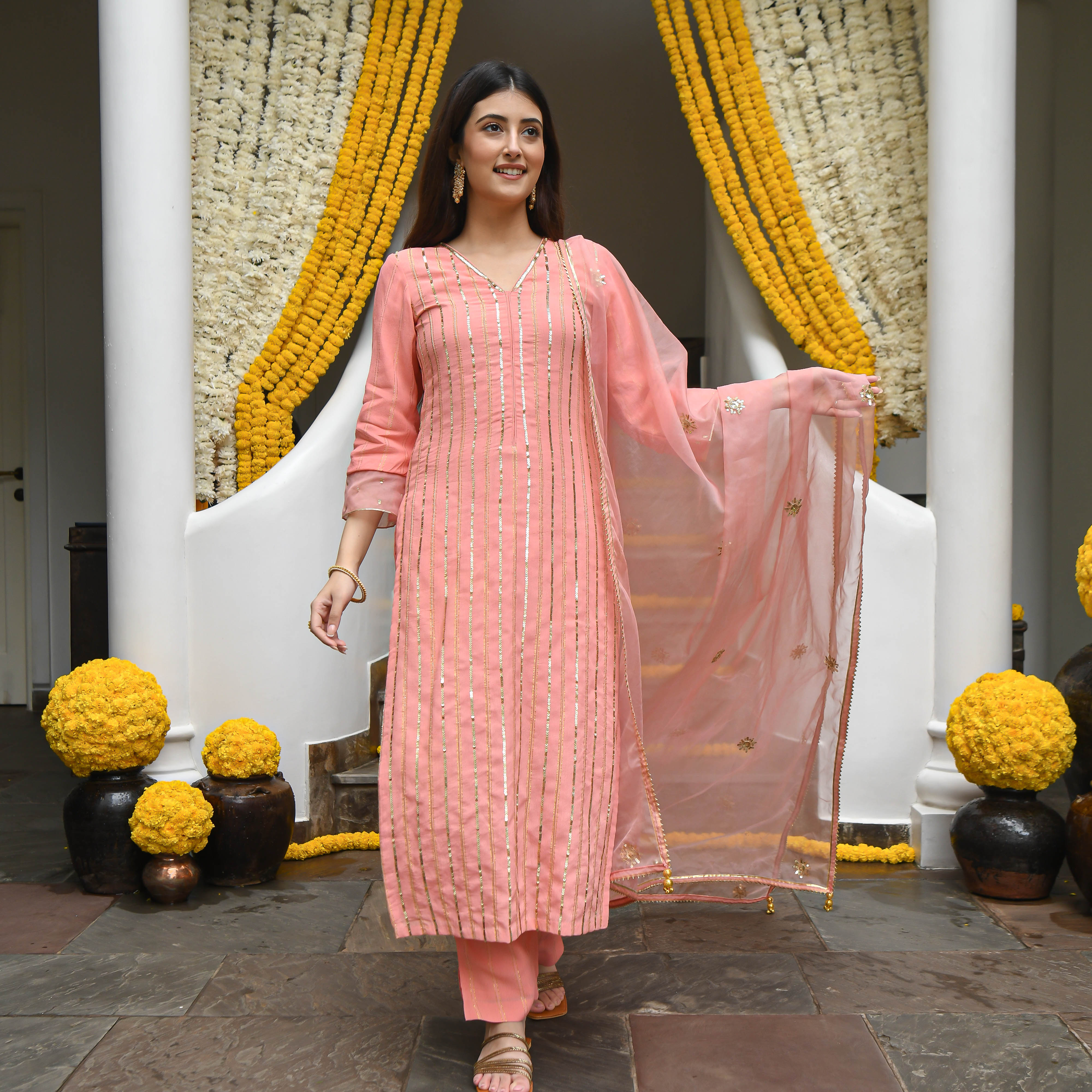 Fiza Peach Designer Traditional Straight Suit Set For Women Online